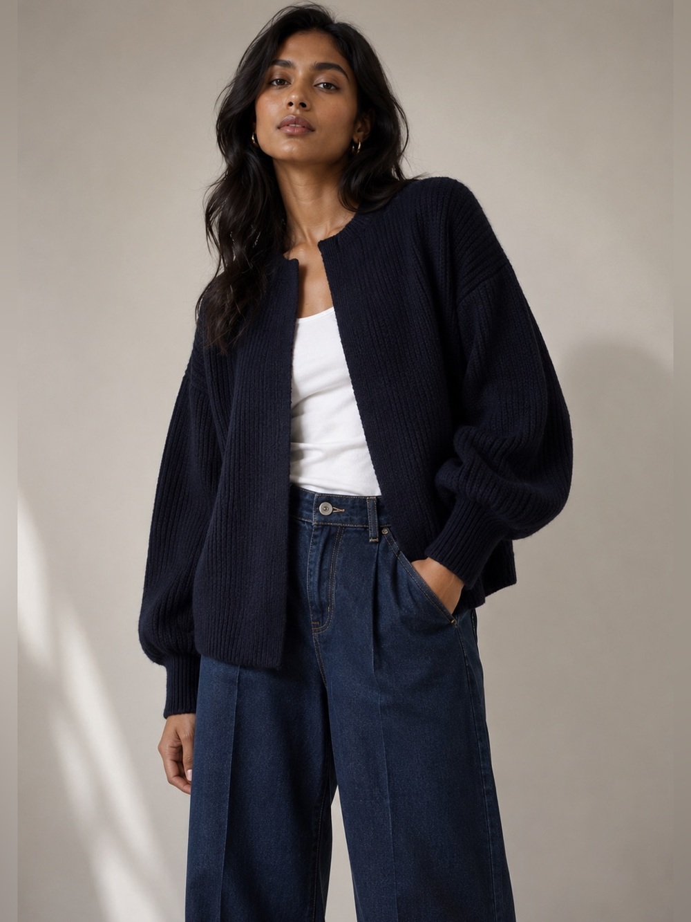 Magnolia Black Open Front Knit Cardigan – Size L – Balloon Sleeve